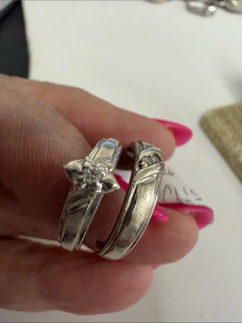 Sterling silver wedding set with small diamonds size 5.5
